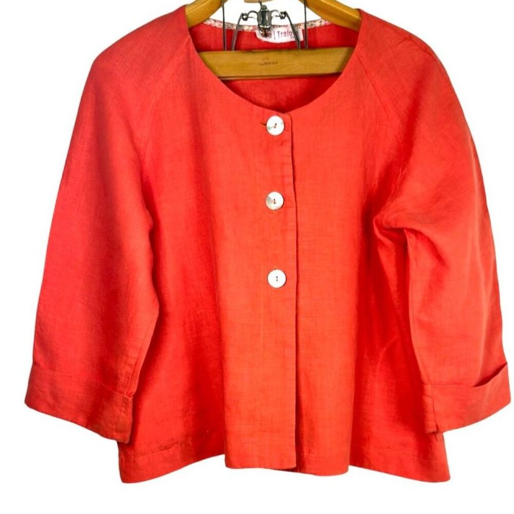 Eva Tralala Paris Orange 100% Linen Jacket Scoop Neck Size: 3